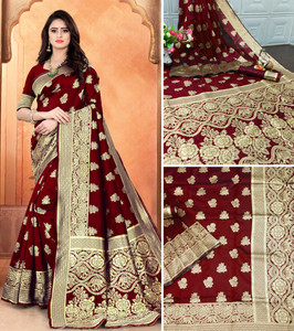 Buy Kalapushpi Self Design Banarasi Cotton Blend Pure Silk Maroon Sarees Online Best Price In India Flipkart