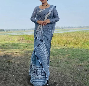 Buy CHOICEIT Printed Woven Mekhela Chador Cotton Linen Grey Sarees Online Best Price In India Flipkart