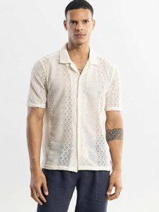 Men Self Design Casual Cream Shirt