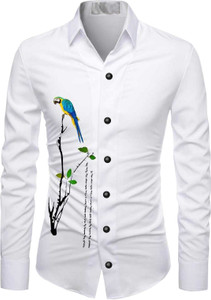 trijal fab men printed casual white shirt