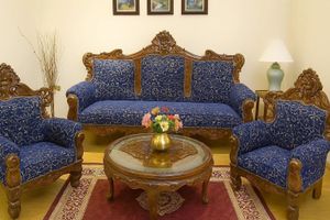 ARVISH ENTERPRISES Wooden Sheesham Wood Sofa Set with Cushion for Living Room, Natural Brown Finish Fabric 3 + 1 + 1 Sofa Set