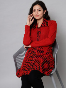 eWools Self Design Collared Neck Casual Women Red Sweater Buy