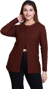 Winter knit Self Design Round Neck Casual Women Brown Sweater