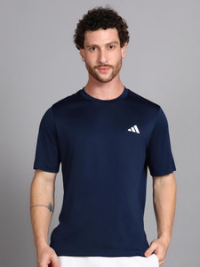 Solid Men Round Neck Dark Blue T-Shirt