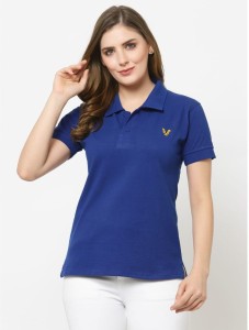 UZARUS Solid Women Polo Neck Blue T-Shirt
