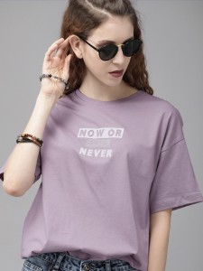 Roadster Printed Women Round Neck Purple T-Shirt