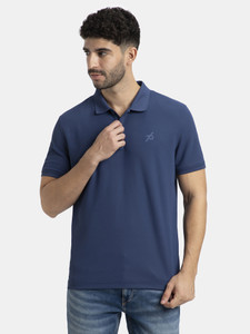 Solid Men Polo Neck Navy Blue T-Shirt