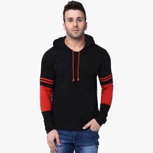 FARBOT Solid Men Hooded Neck Red, Black T-Shirt