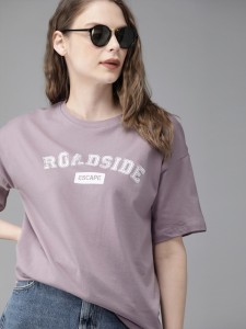 Roadster Printed Women Round Neck Purple T-Shirt