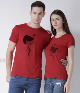 DUO COUPLE Self Design Couple Round Neck Red T Shirt Buy