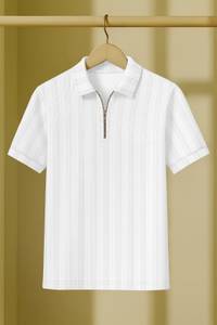 KAJARU Self Design Men Zip Neck White T-Shirt