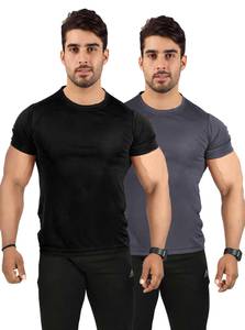 UDI n ADI Solid Men Round Neck Black, Grey T-Shirt
