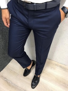Mens Formal 4 way Stretch Trousers in Navy Blue Slim Fit