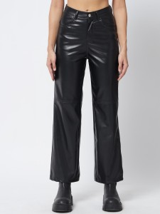 KOTTY Flared Women Black Faux Leather Trousers