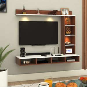 FURNIWUD Briza Wall Mounted TV Unit with 4 LED Lights,9 Open Display Boxes & Shelf Design Engineered Wood TV Entertainment Unit