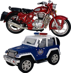 Miniature Mart 2 Small Size Plastic Bike Police Jeep Toy For Kids