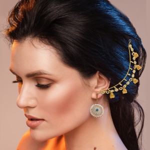 Silver Gold Plated Lotus Moon Jhumki Hair Chain Earrings