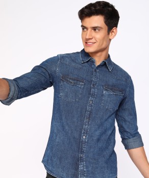 Buy Mid Blue Slim Fit Casual Denim Shirt Online at Muftijeans