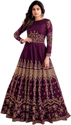 Embroidered Silk Blend Semi Stitched Anarkali Gown  (Purple)