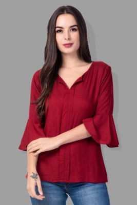 Party Bell Sleeve Solid Women Maroon Top