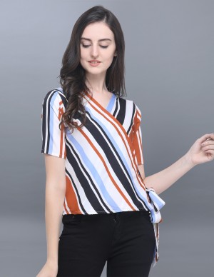 Casual Regular Sleeve Striped Women Multicolor Top