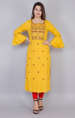 Women Embroidered Rayon Straight Kurta  (Yellow)