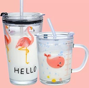 Pulsbery Printed Milk Cups for Kids Glass with Straw and Lid Spill Proof  Coffee Mug Kids Cup Non-Slip Handle Milk Glass Straw Mug with Measuring  Cartoon Cups– Pack of 1 Price in