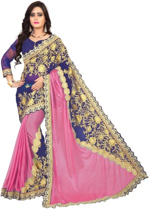 Embroidered Fashion Poly Georgette Saree  (Blue, Pink)