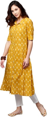 Women Self Design Cotton Blend Straight Kurta  (Yellow)
