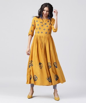 Women Printed Cotton Blend Ethnic Dress  (Yellow)