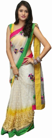 Embroidered Bollywood Net Saree  (White)