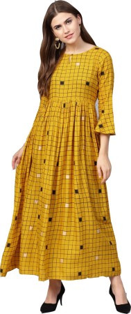 Women Checkered Cotton Rayon Blend Flared Kurta  (Yellow)