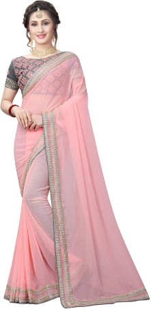 Embroidered, Embellished Bollywood Poly Georgette SareeÂ Â (Pink)
