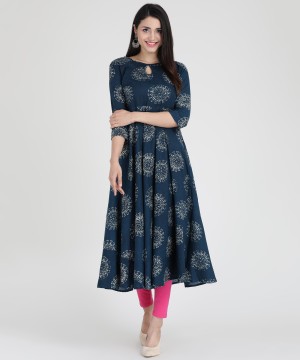 Women Printed Cotton Blend Anarkali Kurta  (Blue)