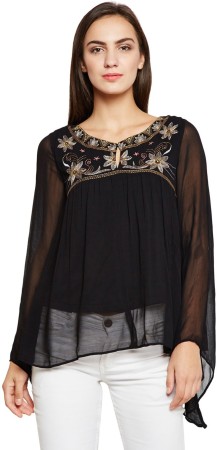 Casual Regular Sleeve Embroidered Women Black Top