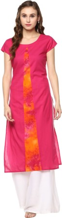 Women Colorblock Cotton Blend Straight Kurta  (Pink, Orange)