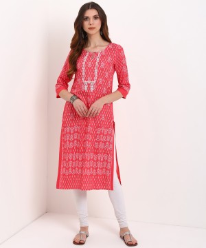 Women Printed, Embroidered Cotton Blend Straight Kurta  (Pink)