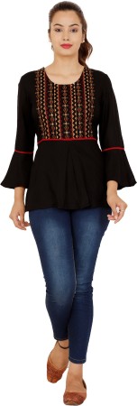 Casual Bell Sleeve Embroidered Women Black Top