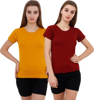 Solid Women Round Neck Maroon, Yellow T-Shirt  (Pack of 2)