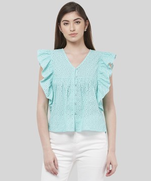 Casual Flutter Sleeve Self Design Women Light Blue Top