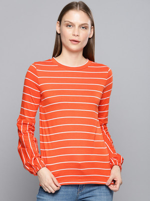 Casual Balloon Sleeve Striped Women Orange Top