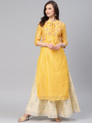 Women Embroidered Poly Chanderi Straight Kurta  (Yellow)