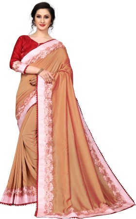 Applique Fashion Pure Silk Saree  (Brown)