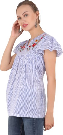 Casual Flutter Sleeve Striped Women Multicolor Top