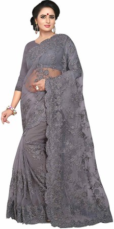 Embroidered Bollywood Net Saree  (Grey)
