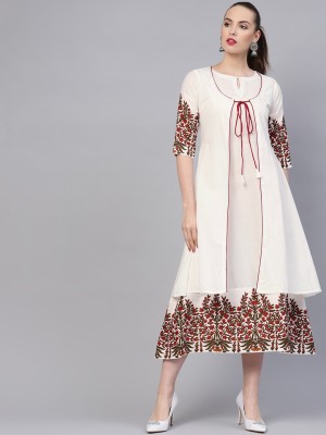 Women Printed Pure Cotton Ethnic Dress  (White)