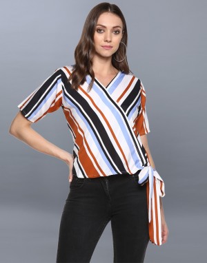 Casual Slit Sleeve, 3/4 Sleeve, Cutout Sleeve Printed, Geometric Print, Striped Women Multicolor, White Top