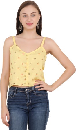 Casual No Sleeve Printed Women Yellow Top