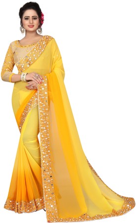Embroidered Bollywood Poly Georgette Saree  (Yellow)
