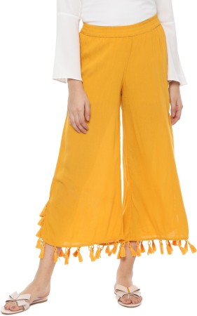 Regular Fit Women Yellow Rayon Trousers